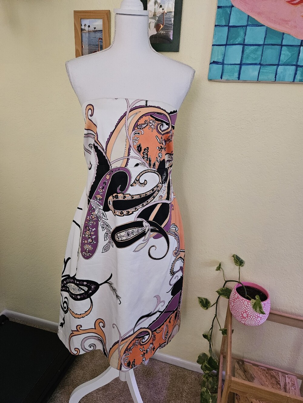 Tahari Strapless White Floral Swirl Print Summer Dress Sz 16